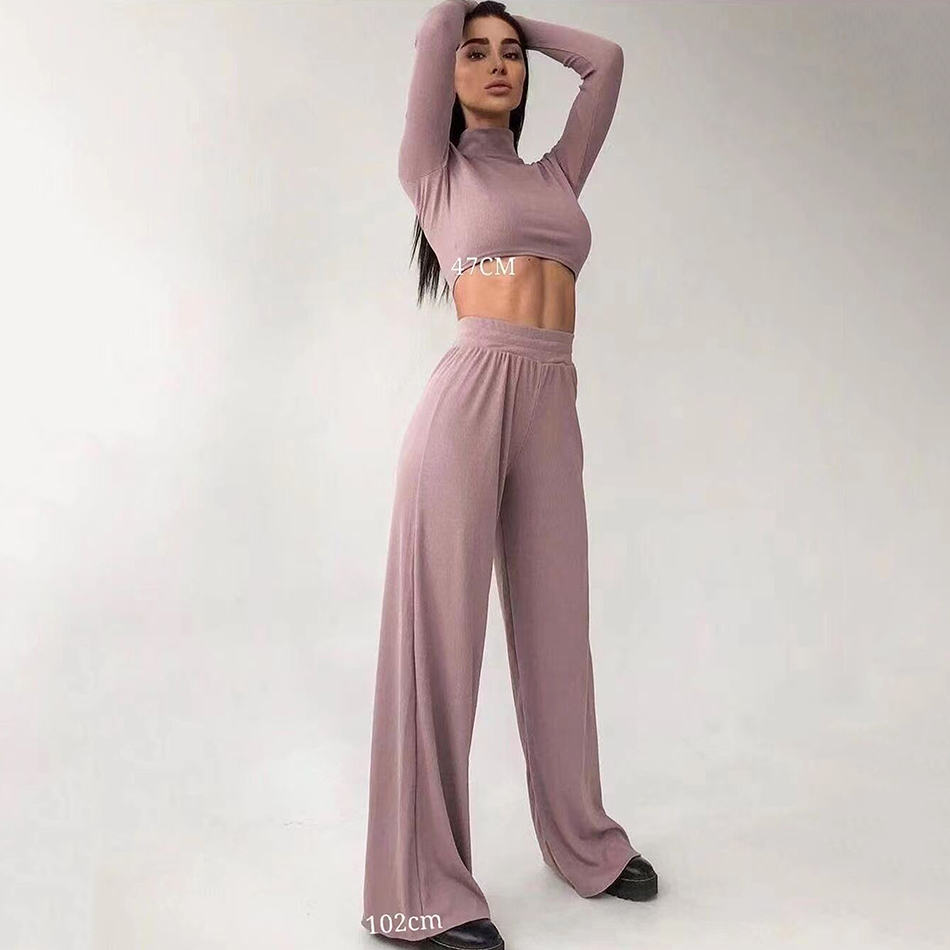 Free Women's Rib Knit Suit Casual High Neck Long Sleeve Turtleneck Short Top & Wide Leg Pants Two-Piece Set 210524