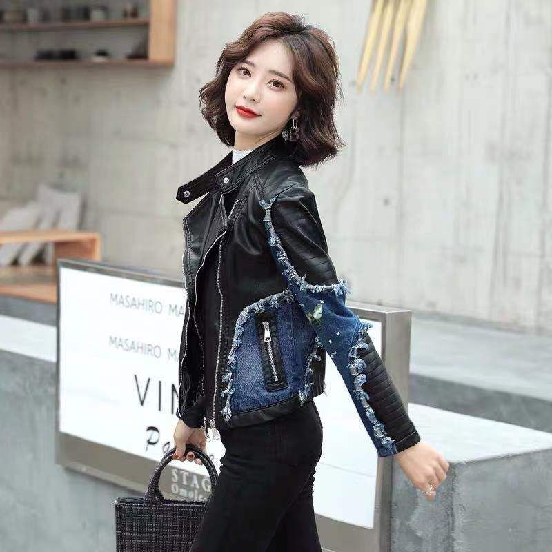 Women Stand Collar Long Sleeve Short Denim Stitching Leather Faux Jacket Coat Vintage Slim Locomotive Chic Female Tops 210507
