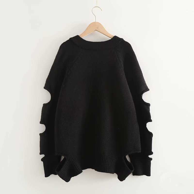 H.SA Women Argyle Cardigans V Neck Broken Hole Knitting Long Sweater Jacket Korean Fashion Oversized Knit Slim Sweaters 210716