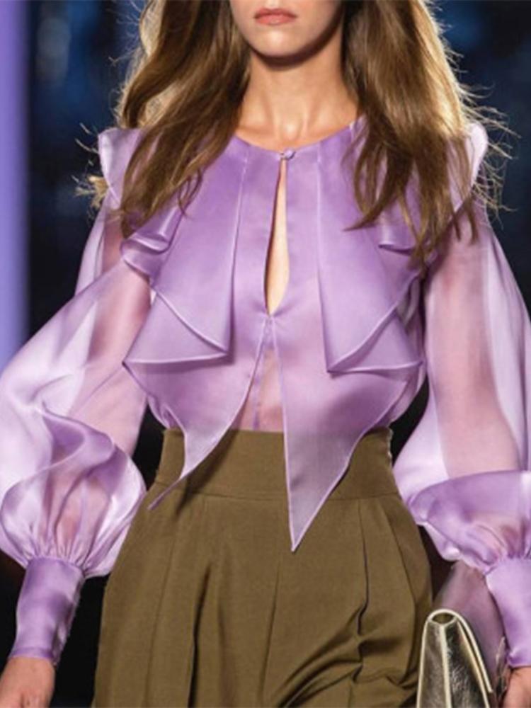 Women's Blouses & Shirts Women Purple Tops Long Lantern Steeves Office Ladies See Through Fashion Clothes 2021 Party Birthday Blouse