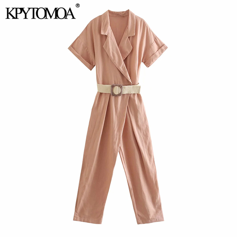 Women Chic Fashion With Belt Linen Jumpsuit Vintage Short Sleeve Side Pockets Female Playsuits Mujer 210416