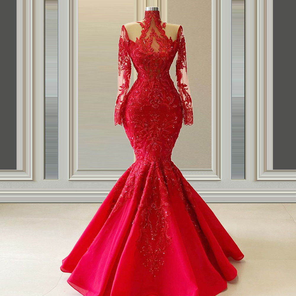 Plus Size Red african Mermaid evening Dresses Long Sleeves Lace beaded Vestido De Noiva High Neck Formal prom Gowns