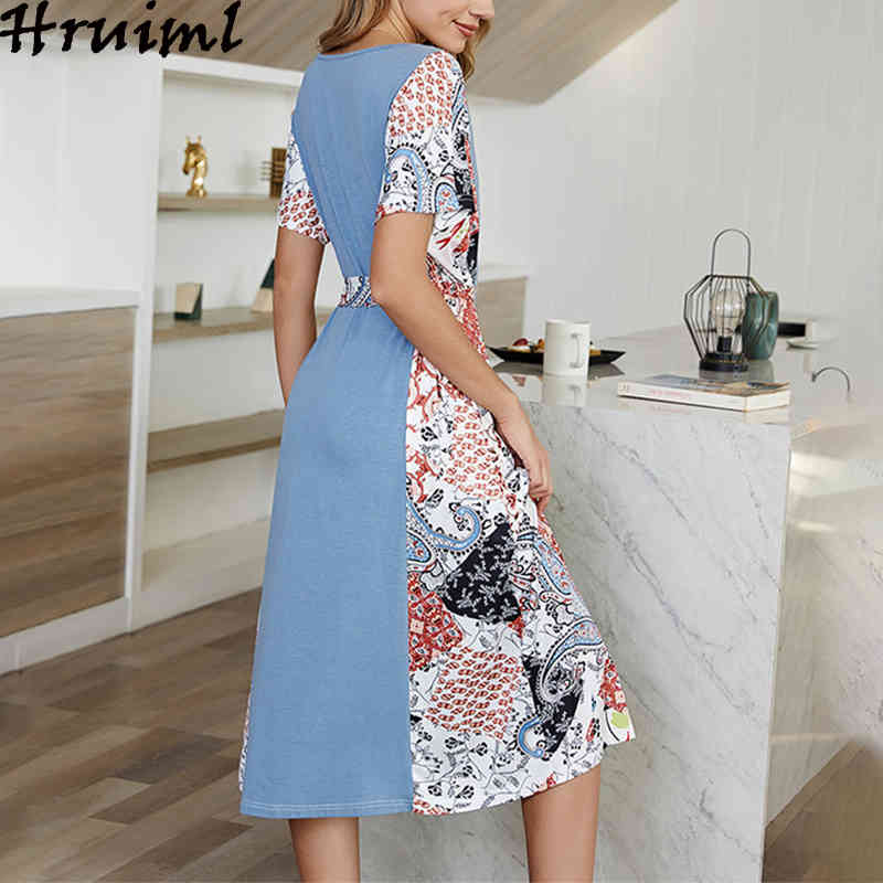 Patchwork Dress Printing Strappy Loose Short Sleeve Clothes for Women Fashion Personalized Mid-Calf Office Lady Kleider Damen 210513