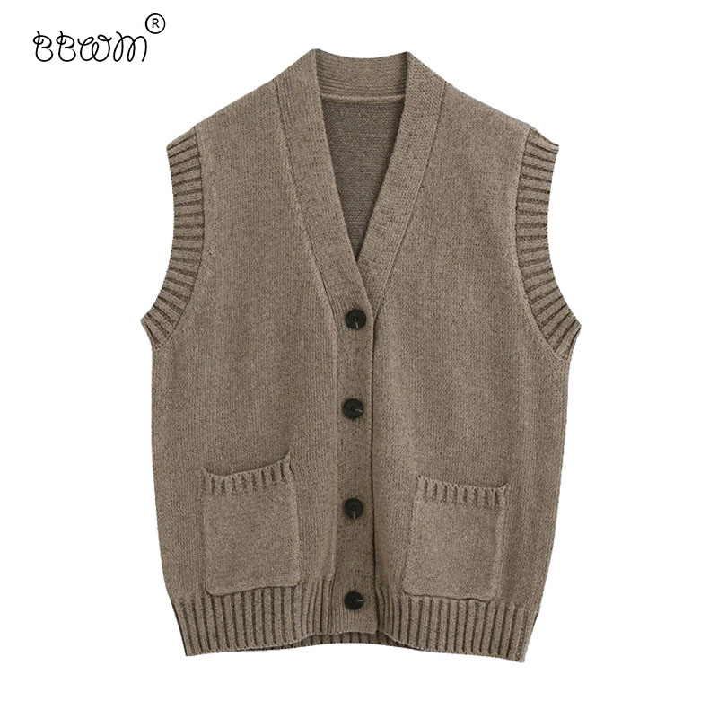 Women Fashion Pockets Buttons Ribbed Knitted Vest Vintage V Neck Sleeveless Sweater Female Chic Tops 210520, As picture
Women Fashion Pockets Buttons Ribbed Knitted Vest Vintage V Neck Sleeveless Sweater Female Chic Tops 210520, As picture