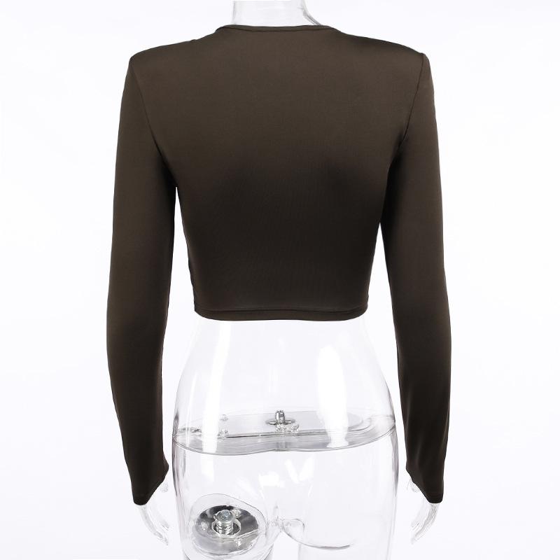 Women's T-Shirt Shoulder Padded Shrug T Shirt Women Brown Autumn Winter Turtleneck Elegant Fashion Basic Solid Long Sleeve Crop Tops