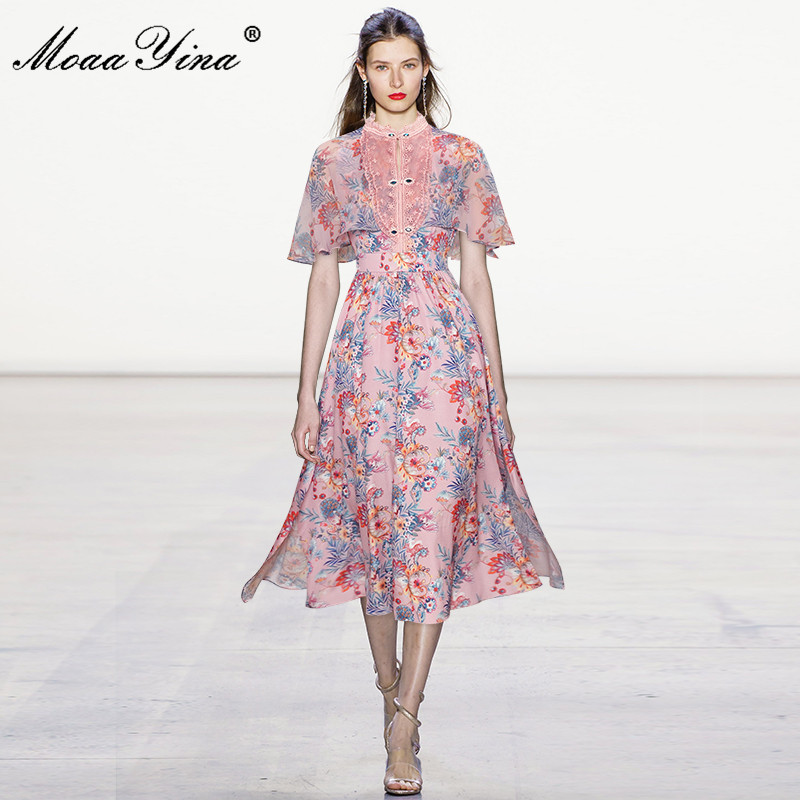 Fashion Runway Summer Vintage Dresses Women's Butterfly Sleeve Lace Patchwork Floral print Vacation Midi Dress 210524