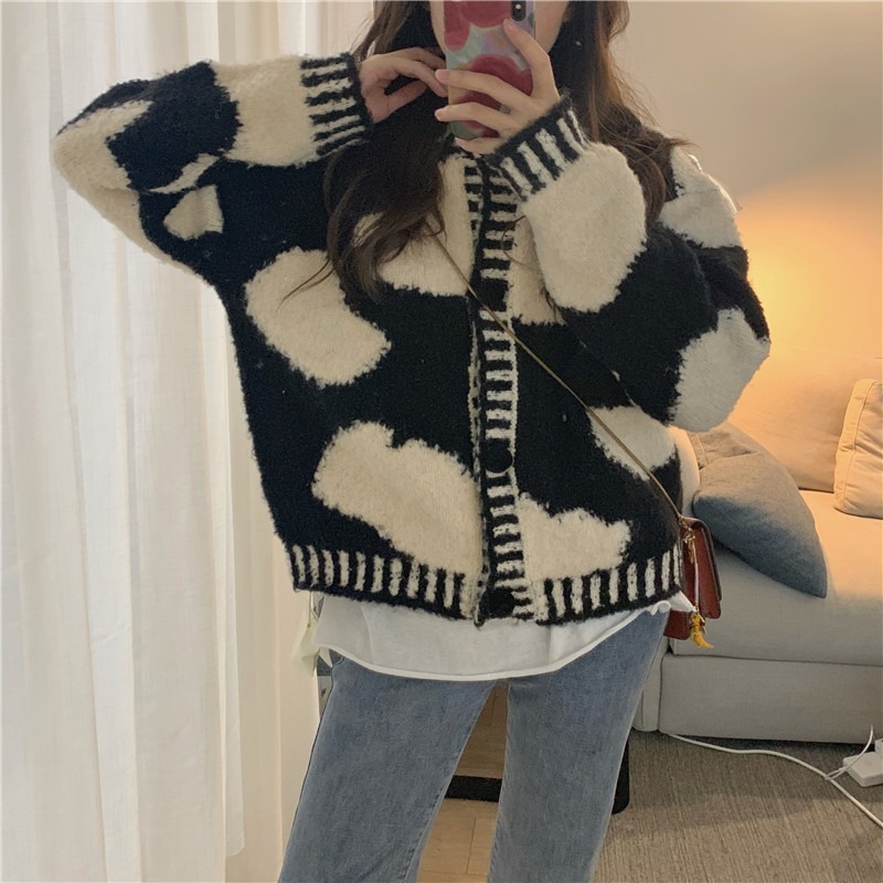 Vintage Knitted Cardigan Coat Winter Clothes Women Black White Cow Print Sweaters Korean Chic Thicked Warm Sueter Female 210519