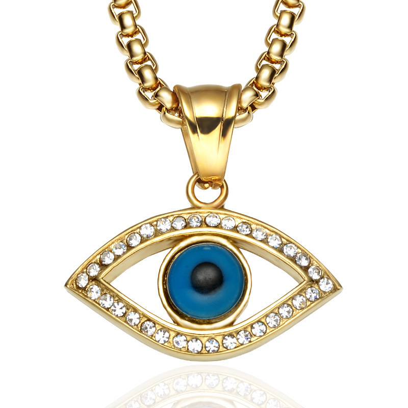 Turkish Blue Eye Necklace Gold 316L Stainless Steel Evil Eyes Pendant Necklaces Chains for Women Fashion Crystal Rhinestone Mens Lucky Jewelry Birthda