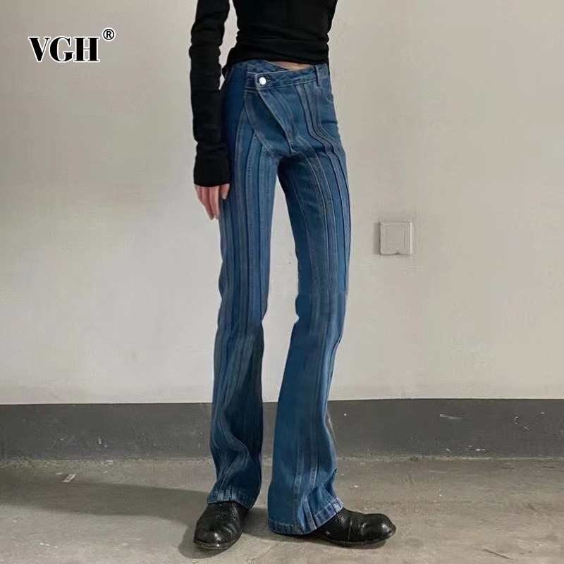 VGH Striped Streetwear Falre Pants Denim Trousers Irregular High Waist Office Ladies Style Jeans Female Spring Fashoin New 210421