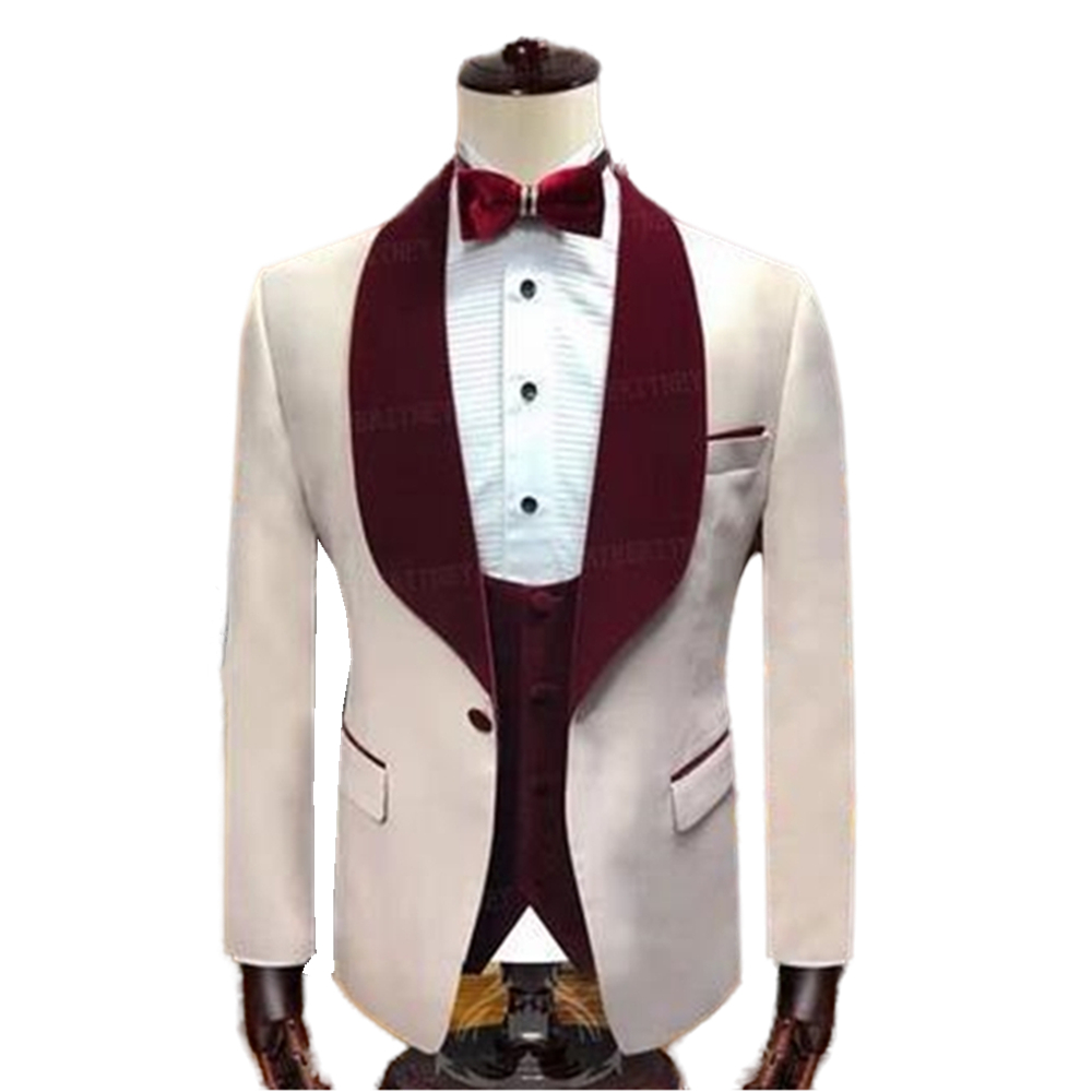 Handsome White Wedding Tuxedos Groom Formal Wear with Gold Shawl Lapel 3 Piece Custom Slim Fit Men Suits Set Jacket Vest Pant Male Fashion Prom Party 
