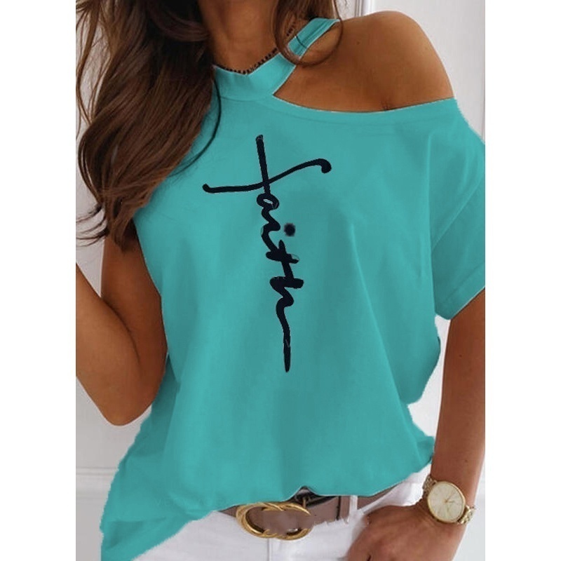 Summer Sexy Off Shoulder Women's Fashion Tops Letter Printed O Neck Short Sleeve Funny T Shirt Loose Casual Cotton Pullovers 210406