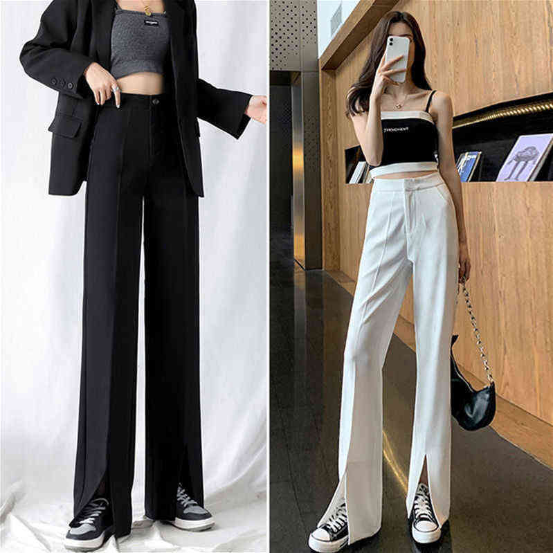 JuneLove Vintage Long Flare Pant Korean Streetwear Sexy High Waist Trousers Lady Casual Front Split Bell Bottom Pant 211124Z