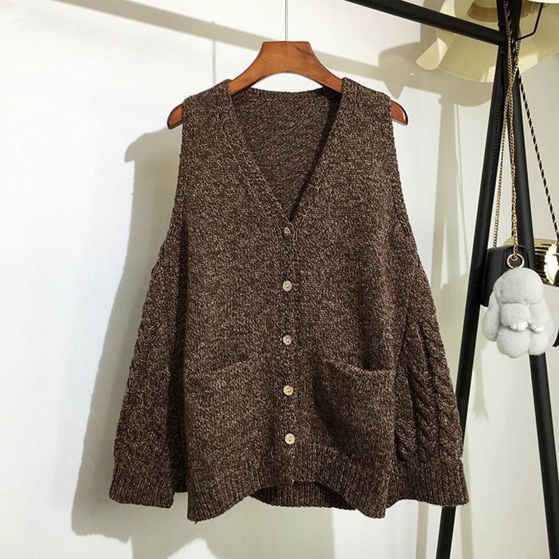 Sweater Women V Neck Sleeveless Cardigan Solid Loose Knitted Tops Vintage Fashion Korean Knitwear Outwear 90916 210519