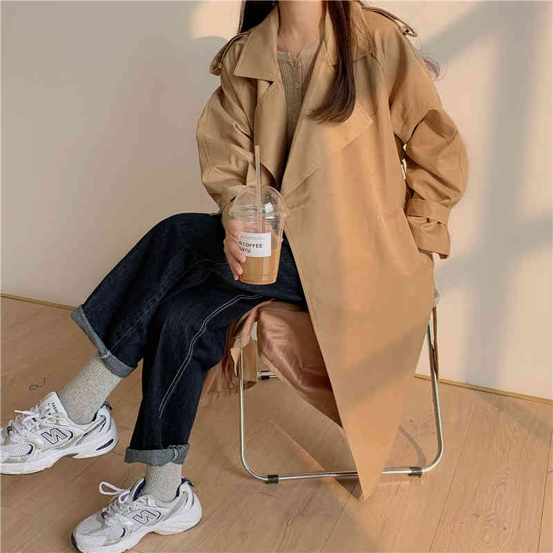 Minimalist Fashion Double-breasted Khaki Long Trench Coat OL Outwear Solid Frock Women Windbreaker 210421