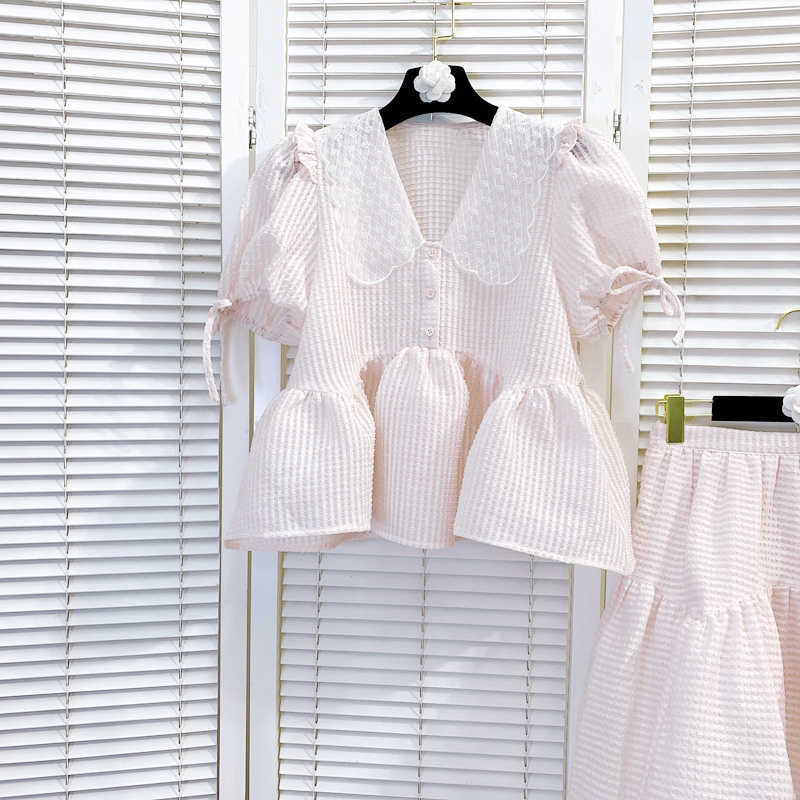 DEAT Women Lapel Puff Sleeve Shirt Ruffles Skirt Short Two Piece Set Fashion Temperament Spring Summer 11D1626 210709