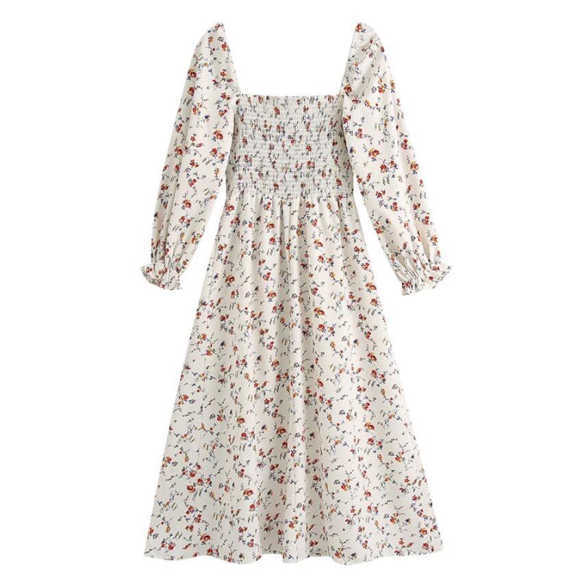 Spring Retro Floral Print Women Midi Dress Woman Vintage French Square Collar Chiffon Split Long sleeve Dresses Holiday 210429