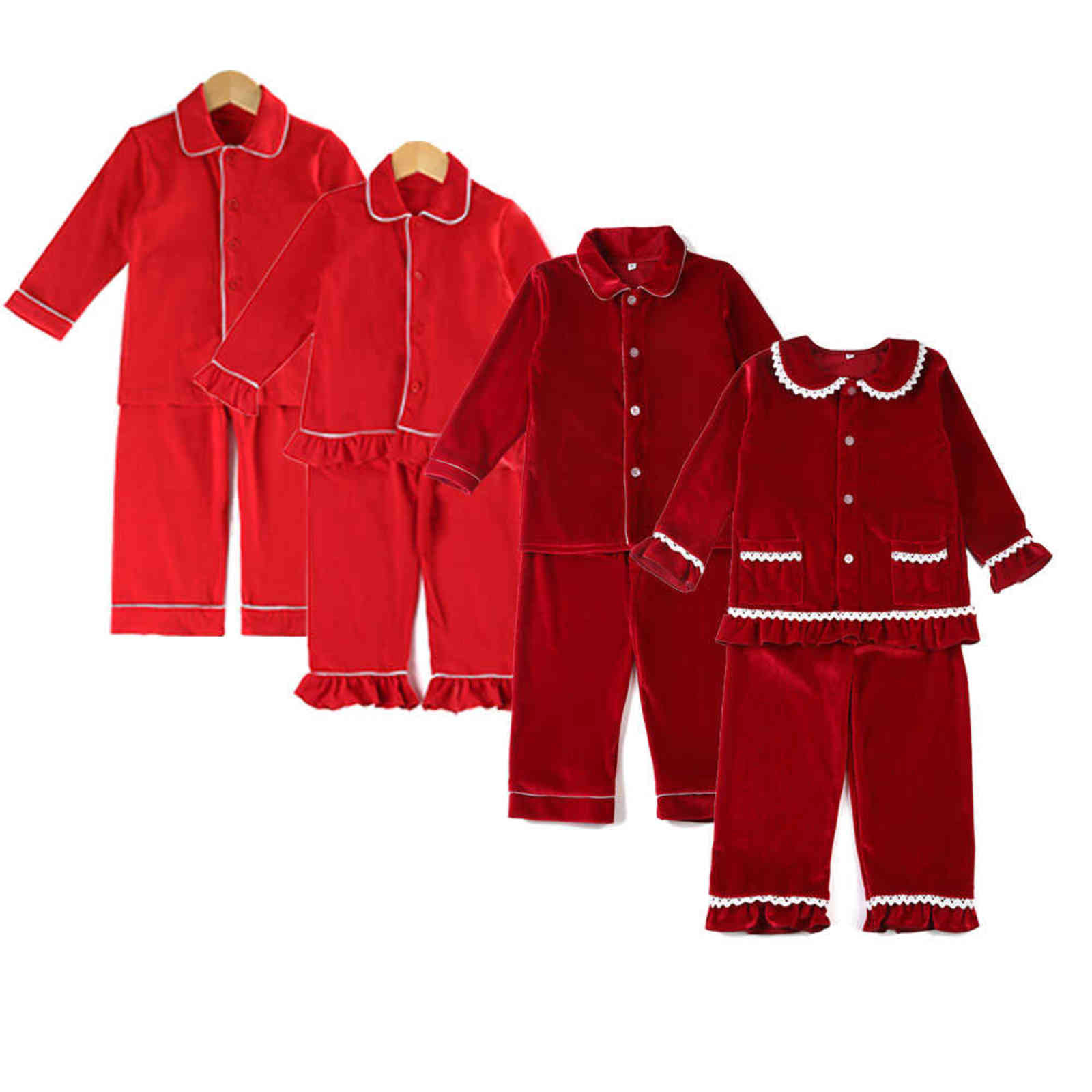 Winter Boutique Velvet Fabric Red Kids Clothes Pjs With Lace Toddler Boys Set Pyjamas Girl Baby Sleepwear 211102
