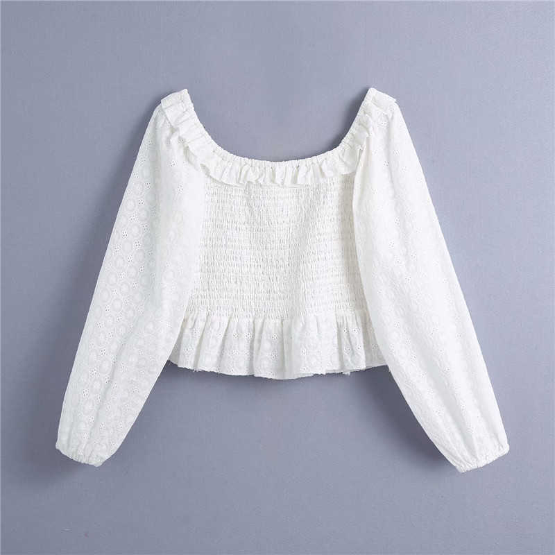 Sweet Women Solid Elastic Short Shirts Fashion Ladies Ruffles Square Collar Blouses Elegant Female Hollow Out Shirt 210527