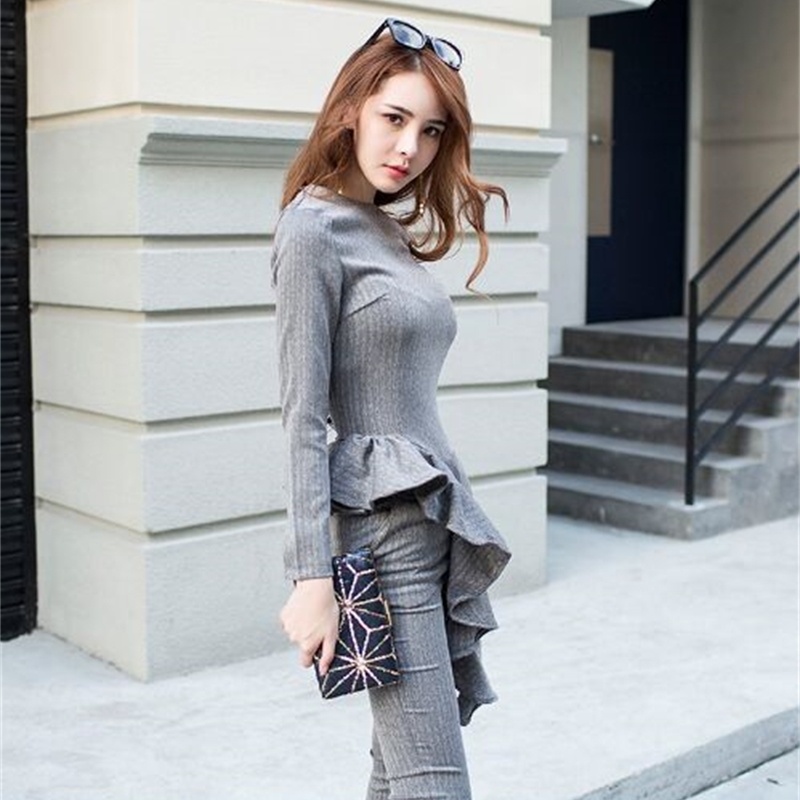 Spring Retro Elegant 2 Pieces Set Office OL Gray Suits For Women Long Sleeve Ruffles Chic Tops and Slim Pants Suit Vestido 210519