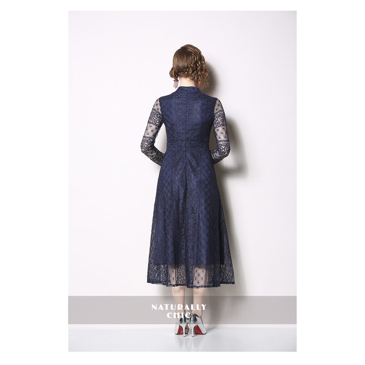 Spring Sexy Elegant Hollow Out Lace Dress Women Stand Collar Casual A-line Dresses Wear To Work Vestidos Black Blue 3xl 210515