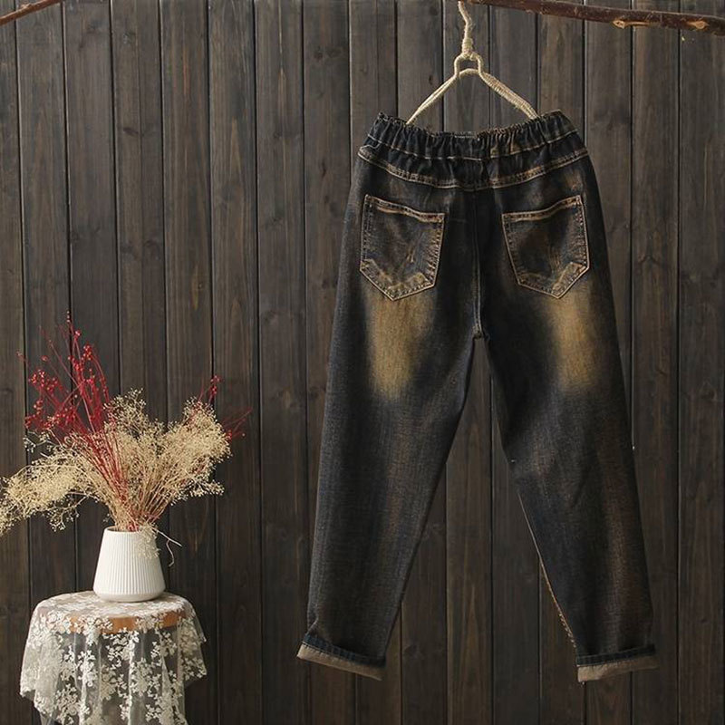 Spring Autumn Women Jeans Plus Size Elastic Waist Loose Denim Harem Pants Embroidery Vintage Ripped good quality D106 210512