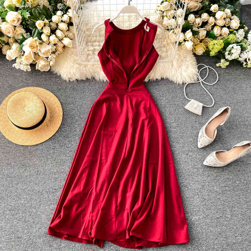 Summer Women Sleeveless Sexy Halter Dresses Female High Waist Solid Color Casual Midi Dress Ladys Red Dress 210521