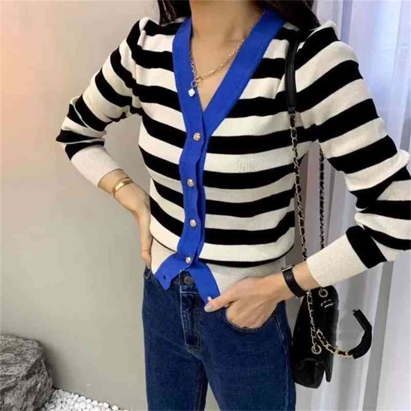 Spring Autumn Fashion Vintage Women Striped Cardigan Long Sleeve V-neck Single-breasted Sweater Ladies Korean 210514