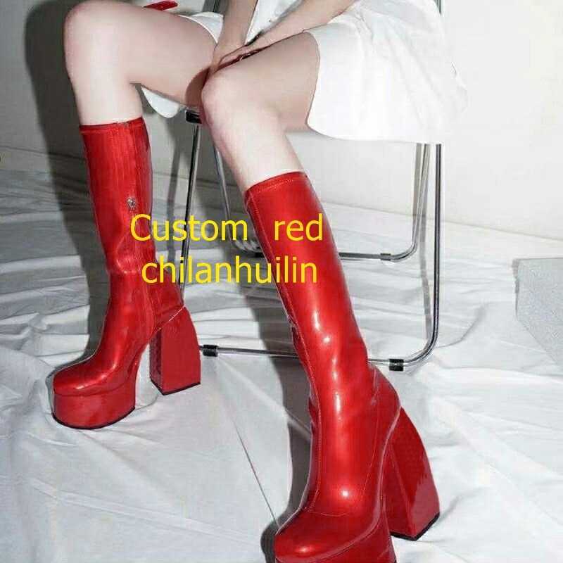 punk style autumn winter boots elastic microfiber shoes woman ankle high heels black thick platform long knee 210826