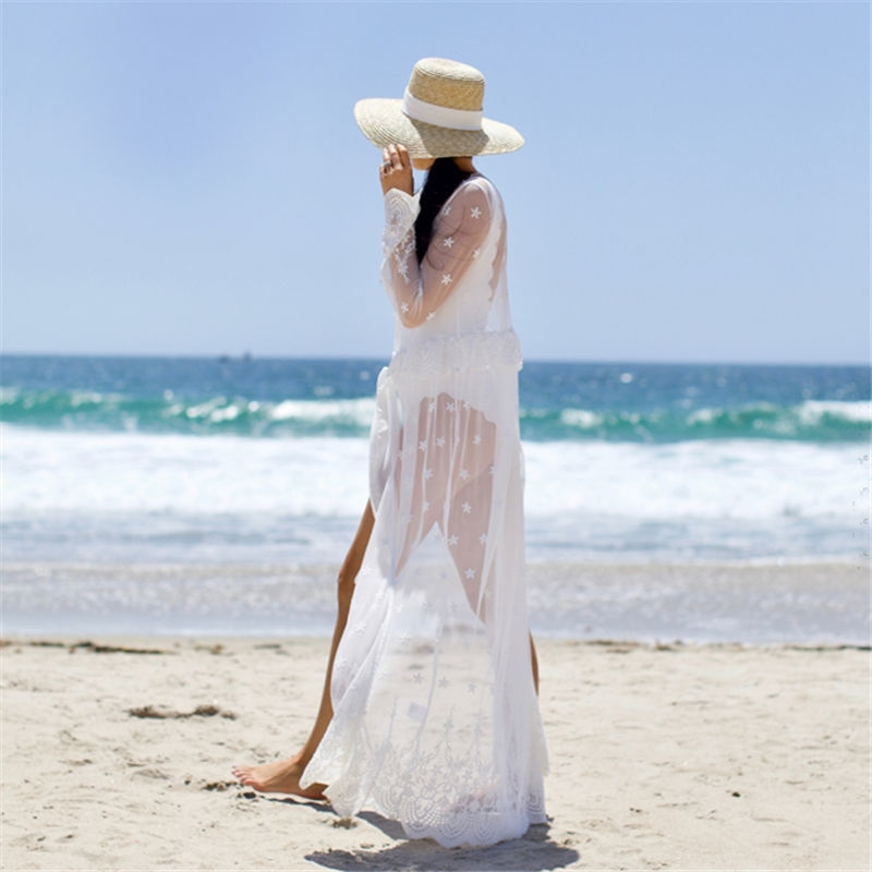 Tunics for beach Long Lace Beach Dress Women Swim Cover up Plus size Saida de Praia Robe Plage Kaftan #Q1027 210420