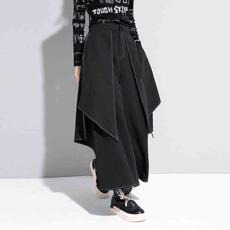 High Waist Black Linen Split Joint Long Wide Leg Trousers Loose Fit Pants Women Fashion Spring Autumn 1DA613 211115