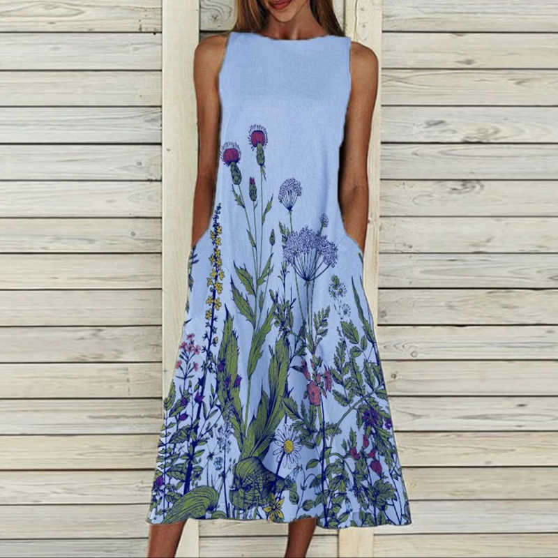 Dress retro print sleeveless summer women's casual pocket O-neck loose dress elegant female plus size banquet dress ins fashion 210630
