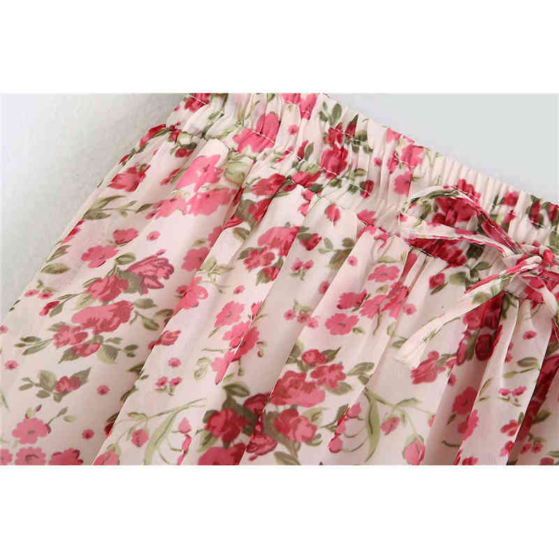 Women Chic Fashion Floral Print Pleated Midi Skirt Vintage High Elastic Waist Drawstring With Lining Female Skirts 210521