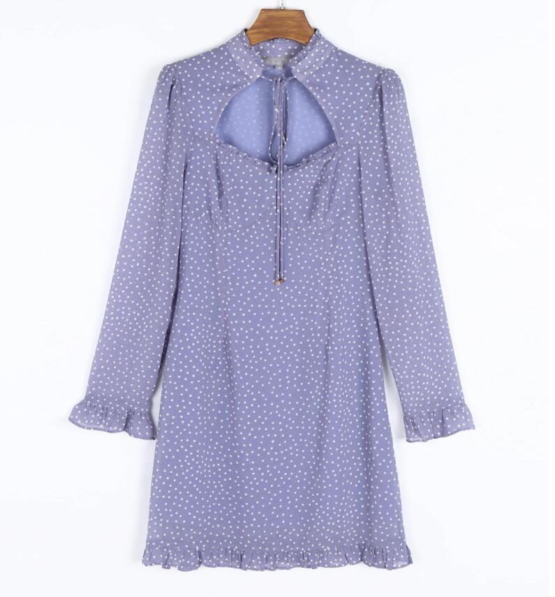 Vintage France Style Purple Polka Dot Print Hollow Out Women Dress Long sleeve Lacing up Collar Slim Girl's Mini Dresses 210429
