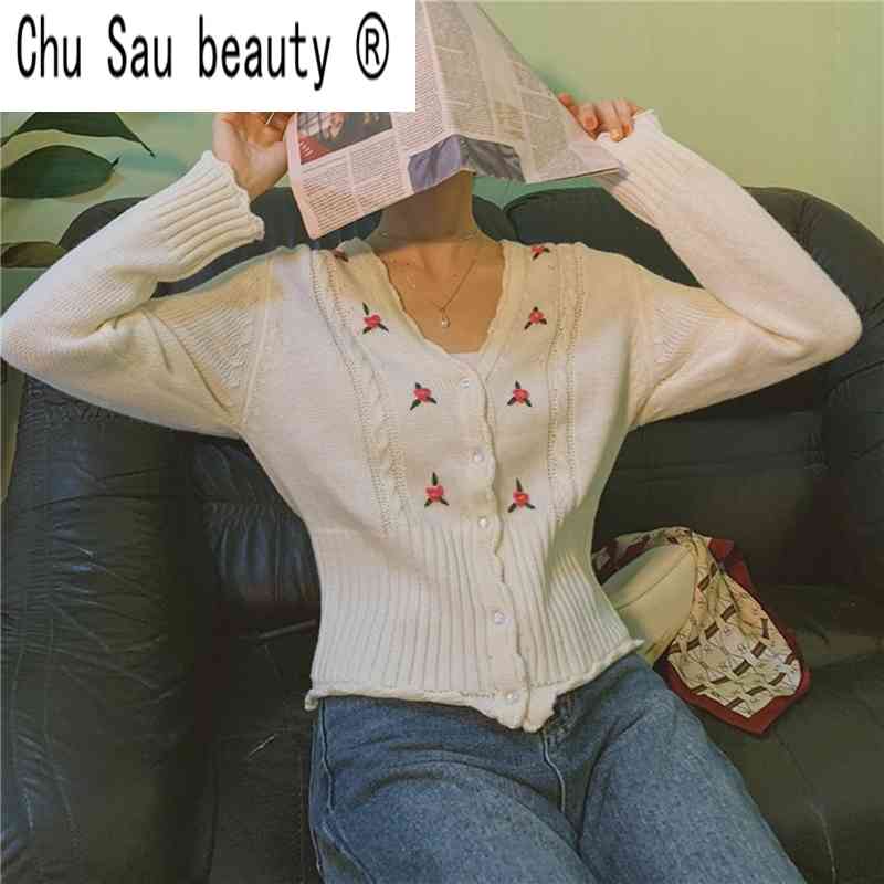 Fashion Vintage Floral Embroidered Autumn Kintted Cardigan Sweater Women France White Emile Carfigans Fall Female Sweaters 210508