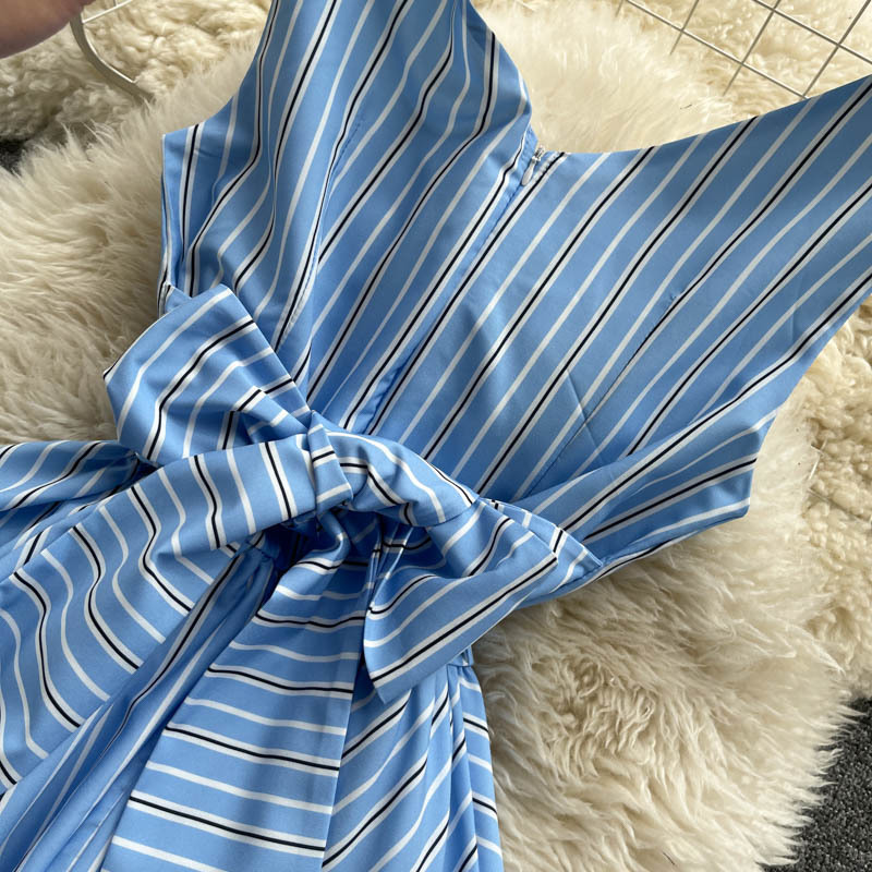 Summer Chic Irregular Ruffles Short Dress Women Retro Stripe Tank Dress Korean Fashion V Neck Sleeveless A-line Dress 210521