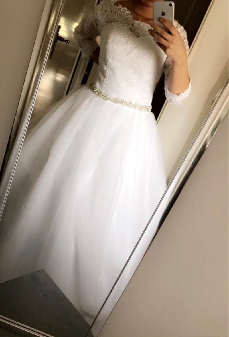 2022 Ivory A Line Wedding Dresses Bridal Gowns Half Sleeve Lace Appliques With Crystals Belt Long Tulle Arabic Bride Formal Dress Vestidos