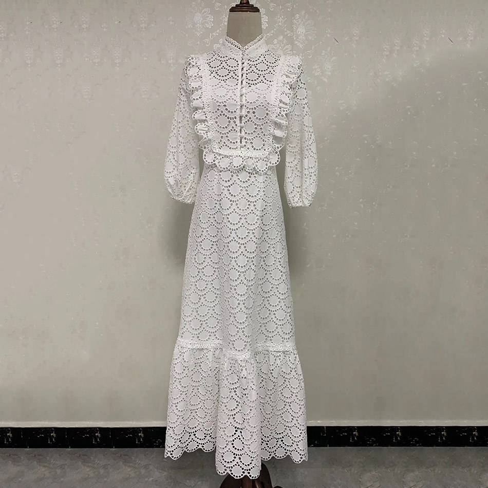 Free Women's White Hollow Embroidered Dress Vestidos Sexy V-neck Lantern Sleeve Ruffled Party Long 210524