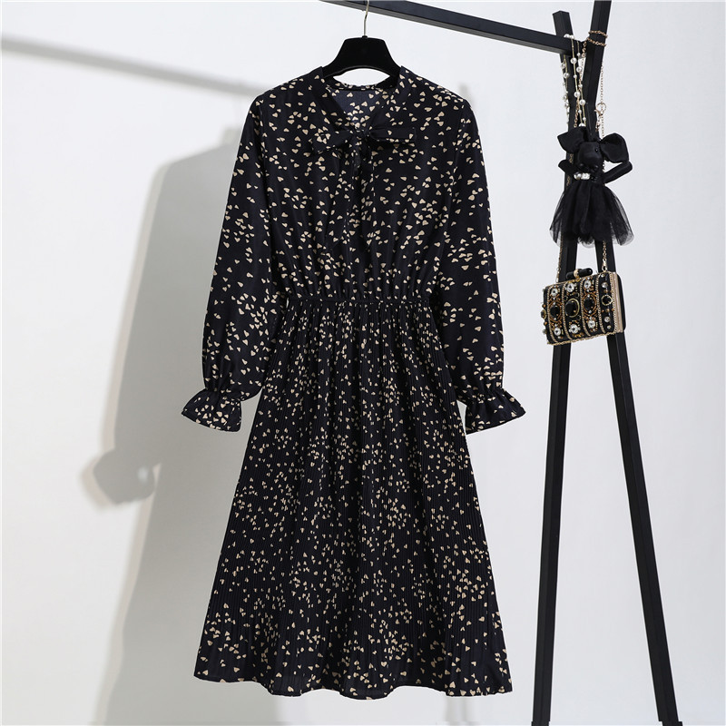 Women Casual Autumn Winter Dress Long Sleeve Bow Collar Lady Korean Style Vintage Floral Printed Chiffon Shirt Long Dresses 210409