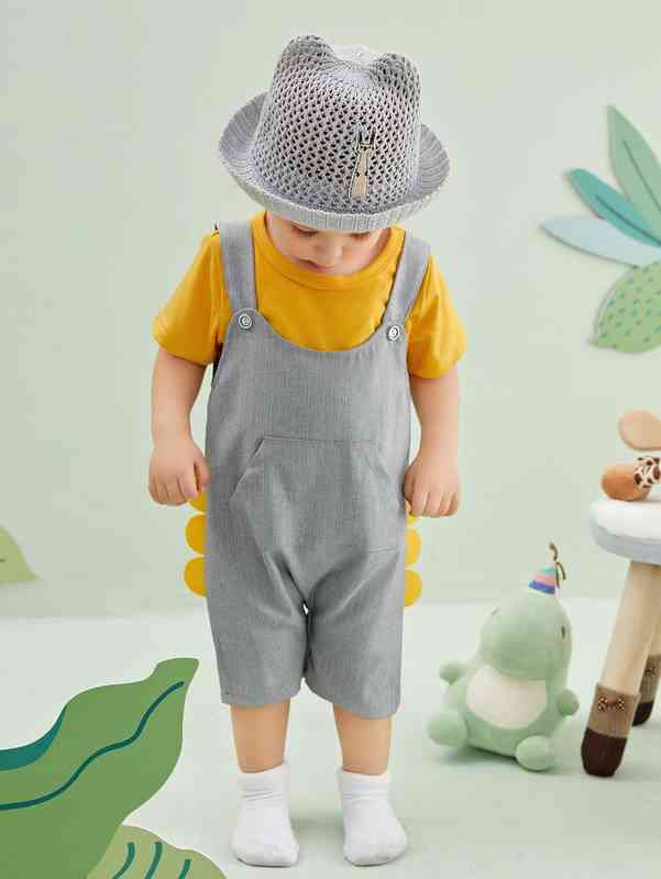 Baby Solid Tee & 3D Patched Kangaroo Pocket Overall Romper SHE