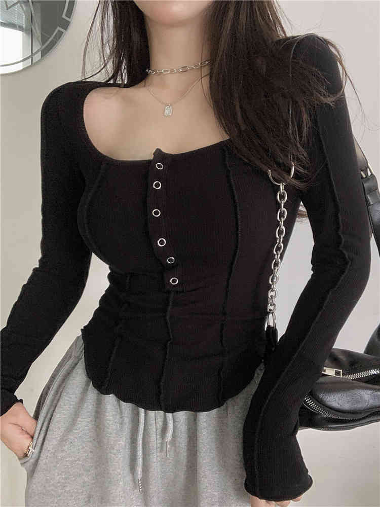 2Color Spring Square collar Sexy Long sleeve t-shirts womens tee shirt femme women Slim Cropped tops (R99566) 210423