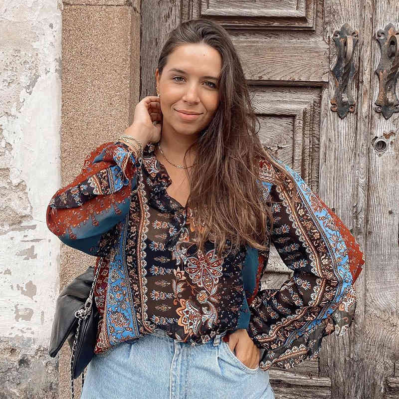 Foridol Floral Print Blouse Shirt Women's Clothing Transparent Ruffle Vintage Button Ladies Shirts Long Sleeve Tops New 210415