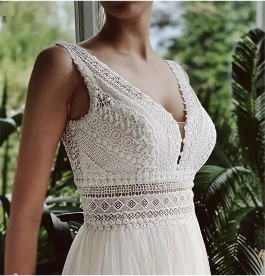 Vestido De Novia Boho Dresses 2021 V Neck Beach Lace Wedding Gowns Elegant Bohemian Tulle A Line Bridal Dress Gown Free shipping