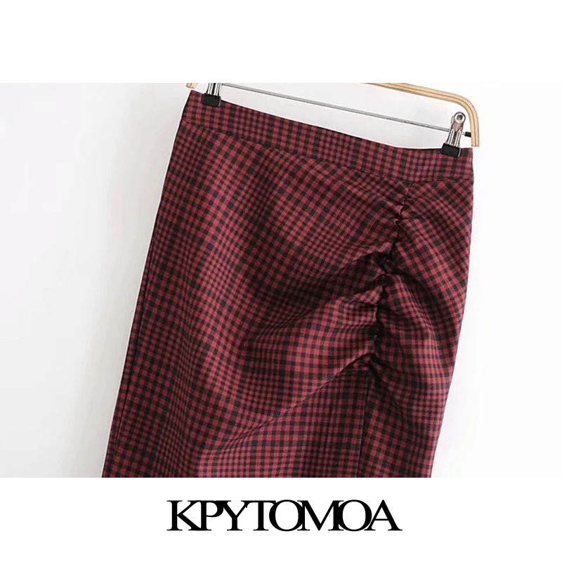 Women Chic Fashion Pleated Side Vents Check Midi Skirt High Waist Back Zipper Female Skirts Mujer 210420