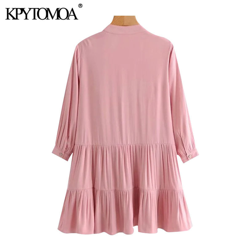 Women Chic Fashion Button-up Loose Mini Dress V Neck Three Quarter Sleeves Female Dresses Vestidos Mujer 210420