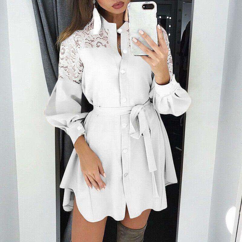 Plus Size Autumn Shirt Dress Women Solid Stand Neck Lace Patchwork Long Sleeve Belt Mini Dress Ladies Buttons Ruffle Party Dress 210409