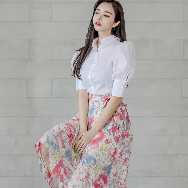 Summer White Puff Sleeve Shirt Button Tops + Print Floral Bow Skirt Suit Beach Vacation Casual 2 Piece Set for Women 210506