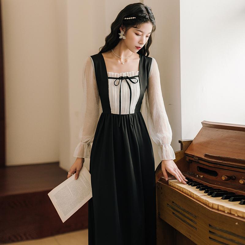 Fashion Women's Clothing Autumn Square Collar Vintage Patchwork Full Mid-Calf Dresses Casual
