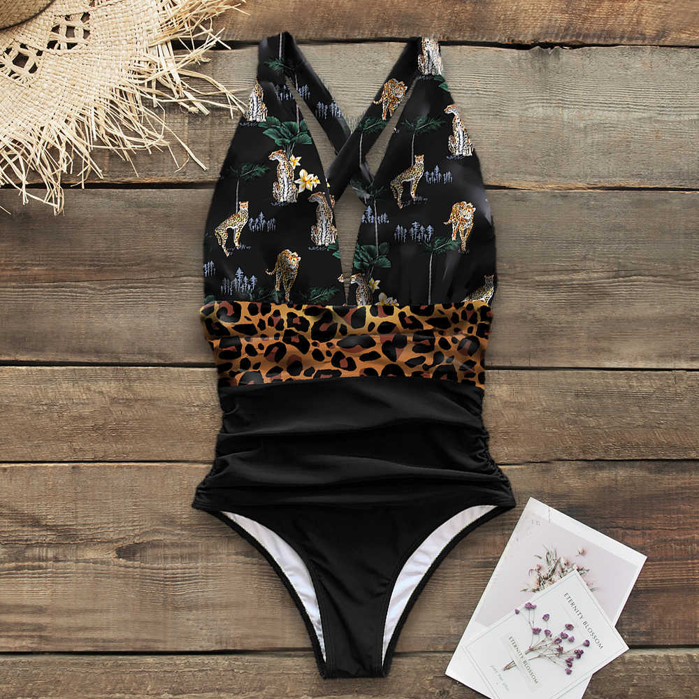 Green In The Forest Swimsuit Women Deep V neck Back Cutout Ruffle Monokini Summer Bathing Suit Swimwear 210702