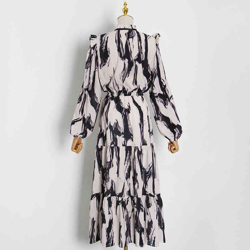 TWOTWINSTYLE Elegant Hit Color Dress For Women O Neck Lantern Sleeve High Waist Vintage Dresses Female Fashion New Clothing 210409