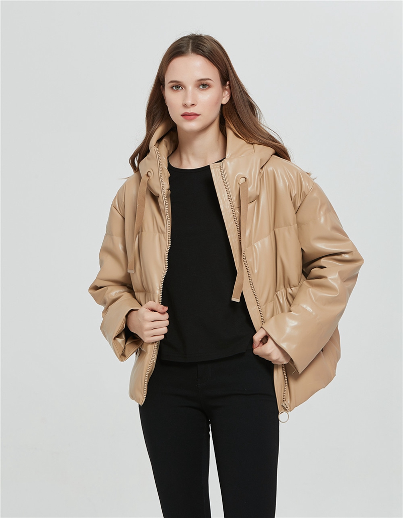 New womens winter european fashion hooded casual PU leather down cotton-padded short parka coat casacos XSSML